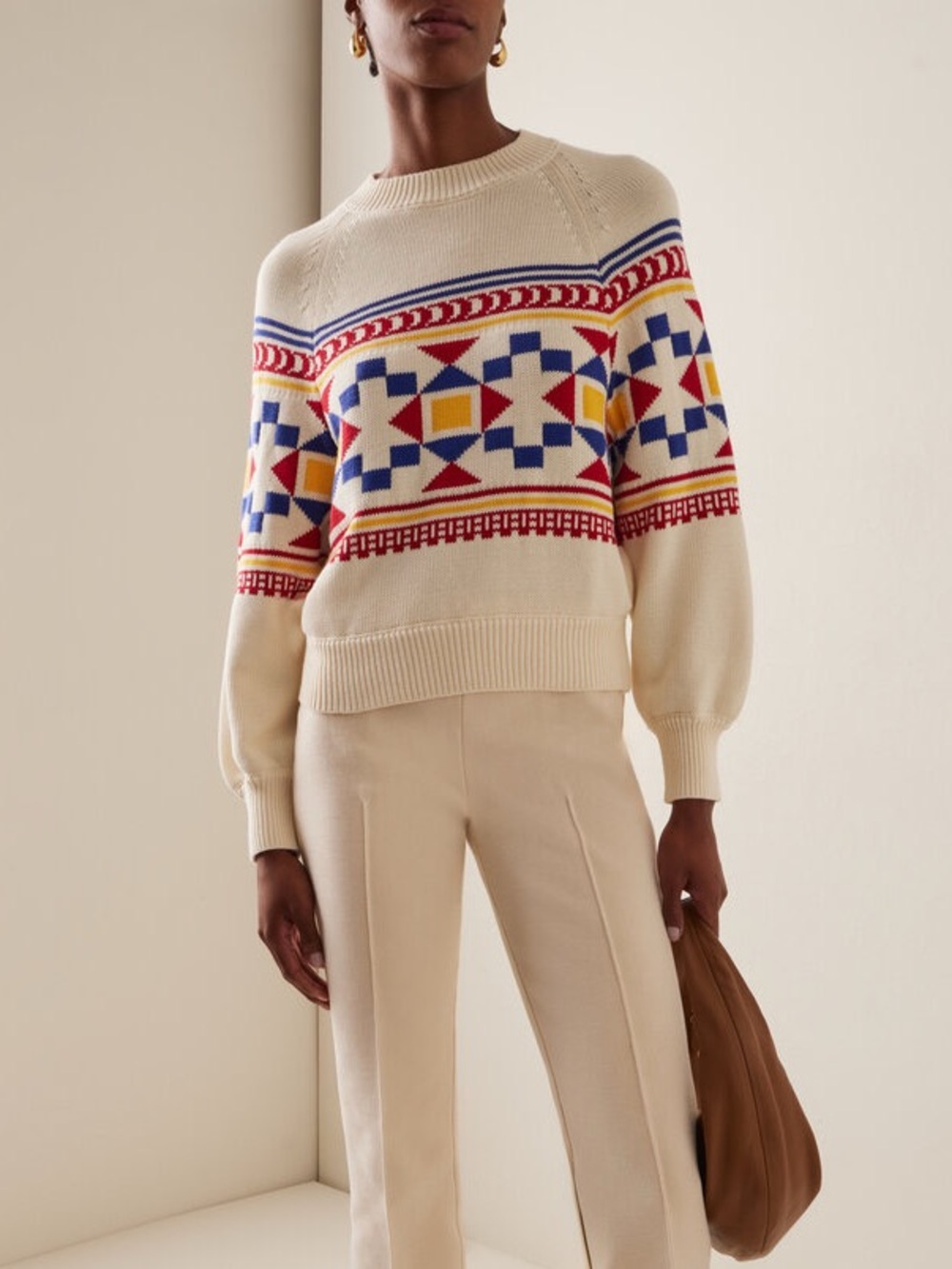 High Sport Lara Fair Isle Knit Cotton Sweater Ivory Size Small High Neck Luxury